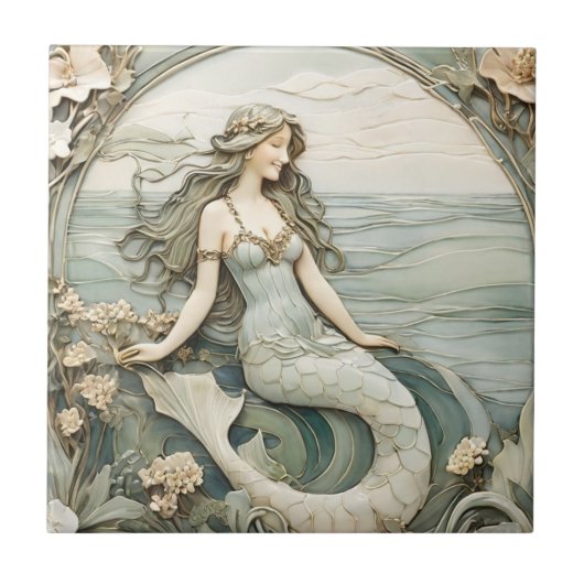 Zeemeermin Art Nouveau Faux Relief Mint R Ocean Ze Tegeltje (Voorkant)