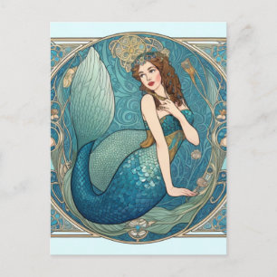 Zeemeermin Art Nouveau Retro Deco Blauwgroen Briefkaart