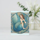 Zeemeermin Art Nouveau Retro Deco Blauwgroen Briefkaart (Staand voorkant)