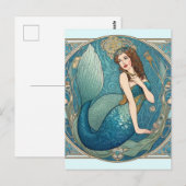 Zeemeermin Art Nouveau Retro Deco Blauwgroen Briefkaart (Voorkant / Achterkant)
