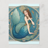  Zeemeermin Art Nouveau Retro Deco Blauwgroen Briefkaart (Voorkant)