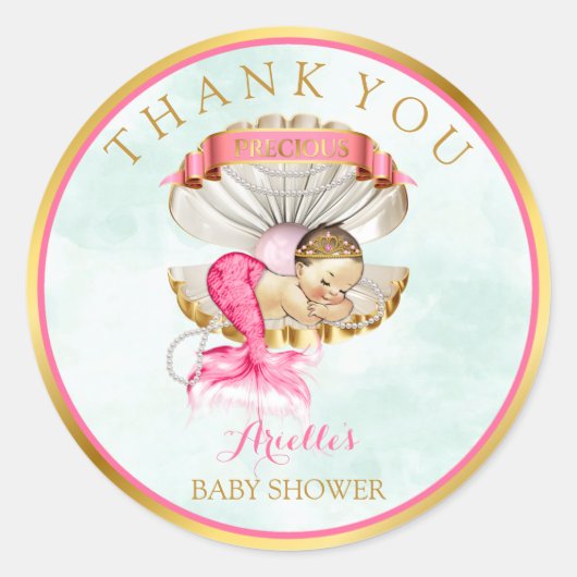 Zeemeermin Baby Clam Shell Tiara Parels Goud Roze Ronde Sticker (Voorkant)