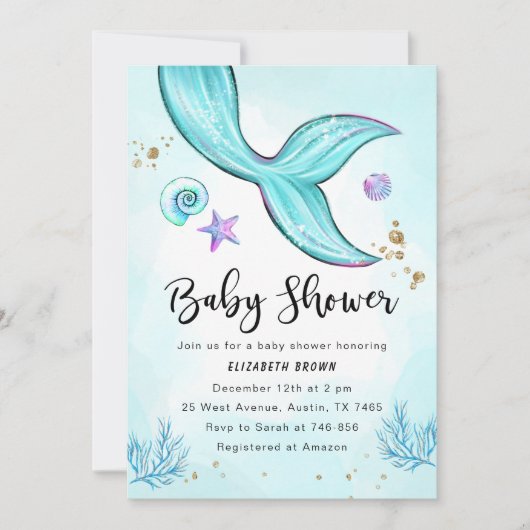 Zeemeermin Baby shower Invitation Girl, onder het Kaart (Voorkant)