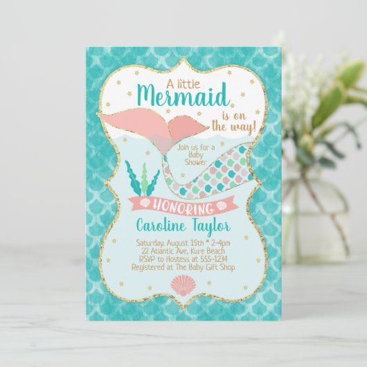 Zeemeermin Baby shower Koraal en Blauwgroen Kaart (Staand voorkant)