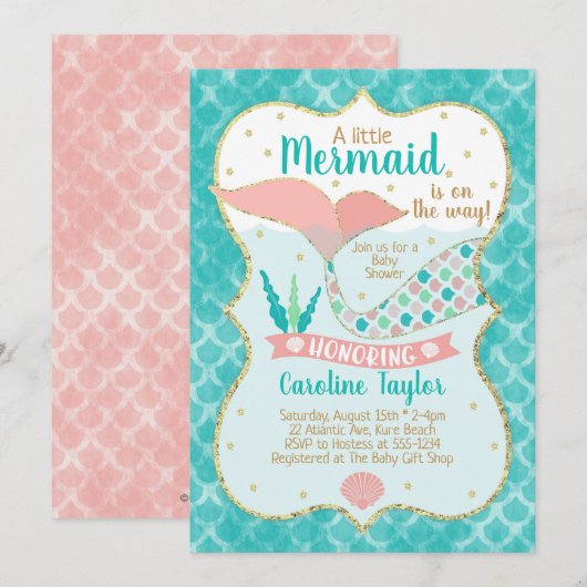 Zeemeermin Baby shower Koraal en Blauwgroen Kaart (Voorkant / Achterkant)