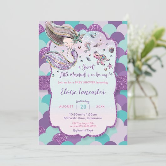 Zeemeermin Baby shower Meisje Onder het Zee Paarse Kaart (Staand voorkant)