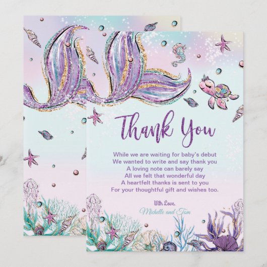 Zeemeermin Baby shower Onder het Zee Bedankkaart (Voorkant / Achterkant)