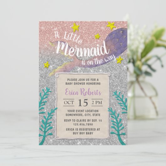 Zeemeermin Baby shower onder het Zee Zilveren Glit Kaart (Staand voorkant)