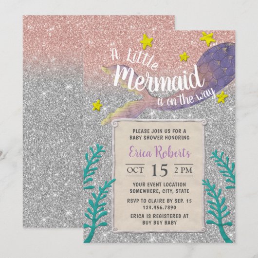 Zeemeermin Baby shower onder het Zee Zilveren Glit Kaart (Voorkant / Achterkant)