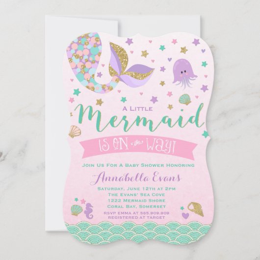 Zeemeermin Baby Shower Uitnodiging Roze Paars Teal (Voorkant)
