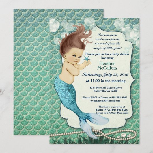 Zeemeermin Baby shower Uitnodiging voor meisje (Voorkant / Achterkant)