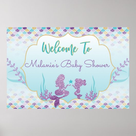 Zeemeermin Baby Shower Welkom Achtergrond Poster (Voorkant)