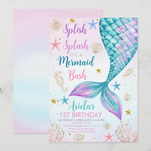 Zeemeermin Bash onder het Zee 1e verjaardag Kaart (Voorkant / Achterkant)