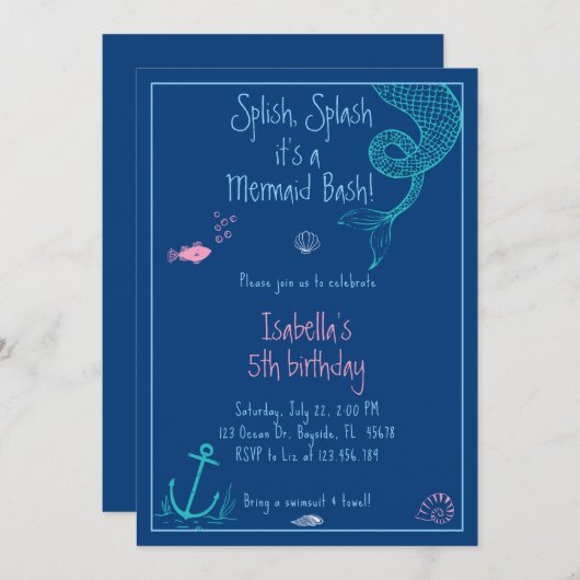 Zeemeermin Bash Splish Zwembad Party Verjaardag Kaart (Voorkant / Achterkant)