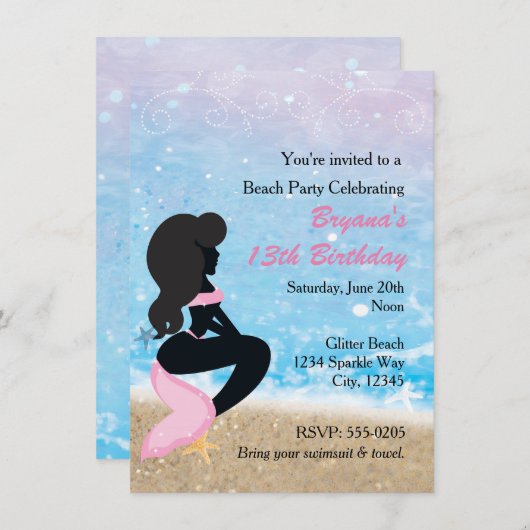Zeemeermin Beach Bunny Sparkle Zwemfeestuitnodigin Kaart (Voorkant / Achterkant)