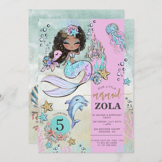 Zeemeermin Bewerkbaar Onder De Zee 5e Verjaardag  Kaart (Voorkant / Achterkant)