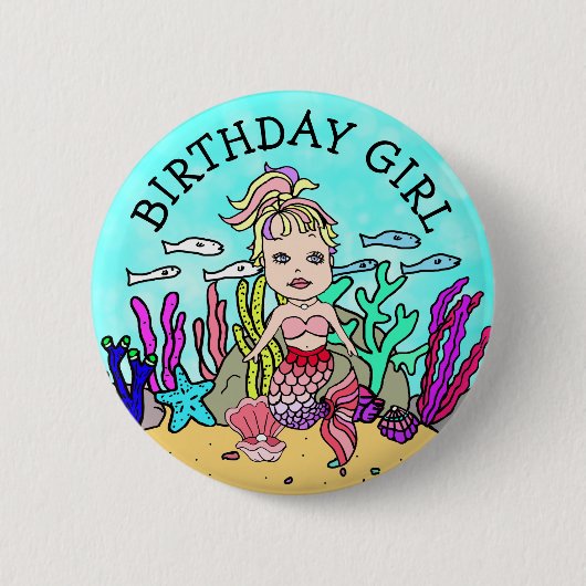  Zeemeermin Birthday Girl Ronde Button 5,7 Cm (Voorkant)