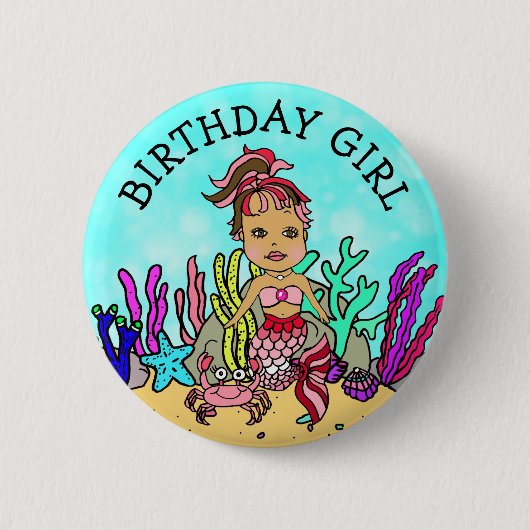Zeemeermin Birthday Girl Ronde Button 5,7 Cm (Voorkant)