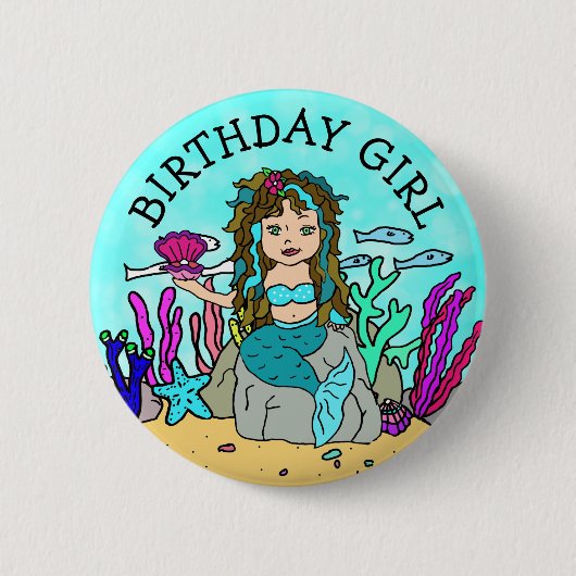  Zeemeermin Birthday Girl Ronde Button 5,7 Cm (Voorkant)