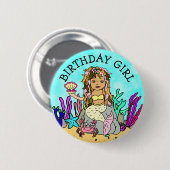 Zeemeermin Birthday Girl Ronde Button 5,7 Cm (Voorkant /achterkant)