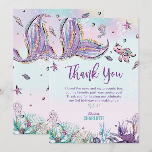 Zeemeermin Birthday Party under the Zee Bedankkaart (Voorkant / Achterkant)