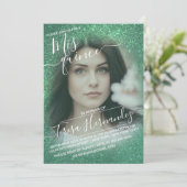 Zeemeermin Blauwgroen Sparkly Glitter Foto Quincea Kaart (Staand voorkant)