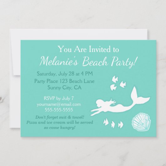 Zeemeermin Blauwgroen Strand Party Custom Invitati Kaart (Voorkant)