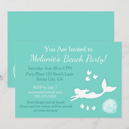 Zeemeermin Blauwgroen Strand Party Custom Invitati Kaart (Voorkant / Achterkant)