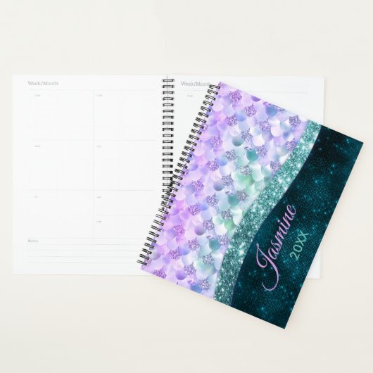 Zeemeermin blauwgroen zilverapper monogram pla planner (Display)