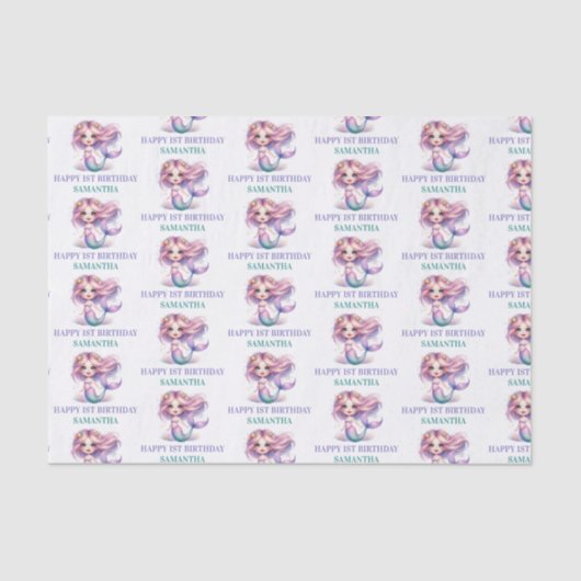 Zeemeermin blij 1e verjaardag paarse en turquoise tissuepapier (Voorkant)