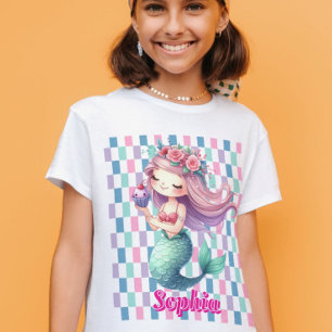 Zeemeermin blokken roze naam patroon t-shirt