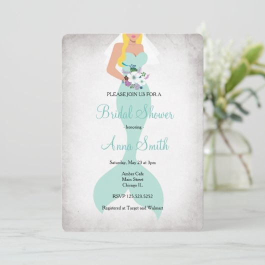 Zeemeermin bruids douche uitnodiging floral mint g (Staand voorkant)