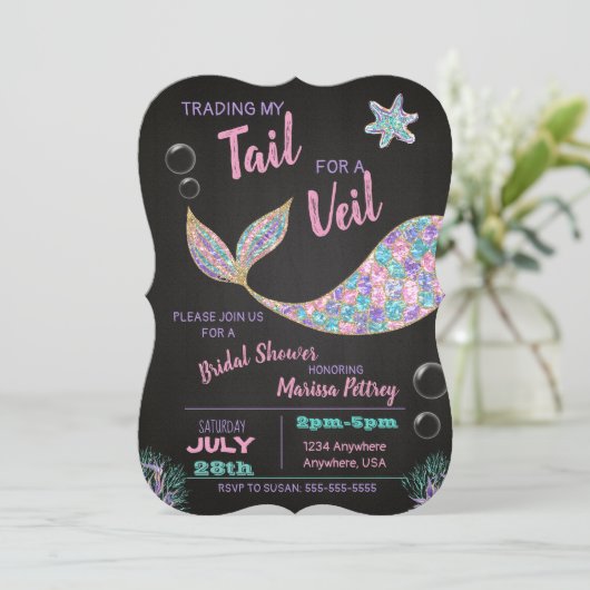 Zeemeermin Bruids Douche uitnodiging, glitter Kaart (Staand voorkant)