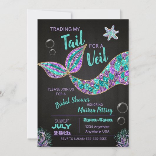 Zeemeermin Bruids Douche uitnodiging, glitter krij Kaart (Voorkant)