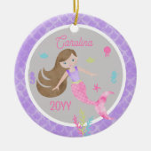 Zeemeermin Bruin Haar Roze & Paarse Foto Keepsake Keramisch Ornament (Voorkant)