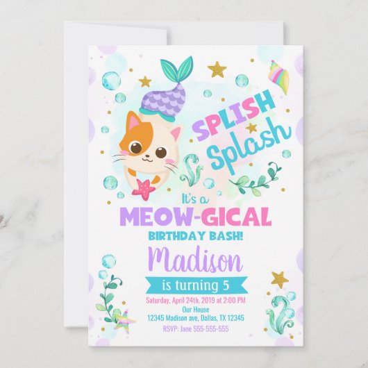 Zeemeermin Cat Verjaardag Uitnodiging, Kitten Pool Kaart (Voorkant)