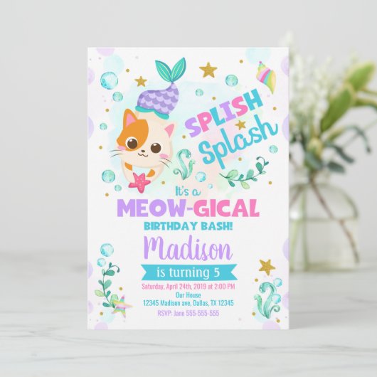 Zeemeermin Cat Verjaardag Uitnodiging, Kitten Pool Kaart (Staand voorkant)