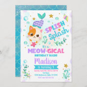 Zeemeermin Cat Verjaardag Uitnodiging, Kitten Pool Kaart (Voorkant / Achterkant)