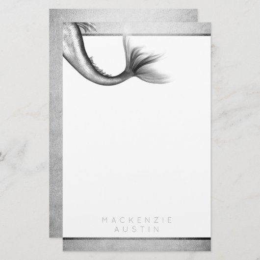 zeemeermin chroomstaart | Silver Faux Shimmer Cust Briefpapier (Voorkant / Achterkant)