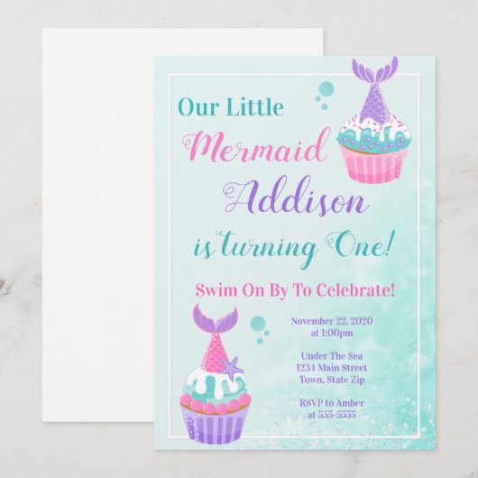 Zeemeermin Cupcake Verjaardag Uitnodiging Zeemeerm (Voorkant / Achterkant)