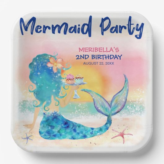 Zeemeermin Cupcakes Tropisch Strand Meisje Verjaar Papieren Bordje (Voorkant)