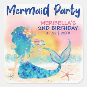Zeemeermin Cupcakes Tropisch Strand Meisjes Verjaa Vierkante Sticker