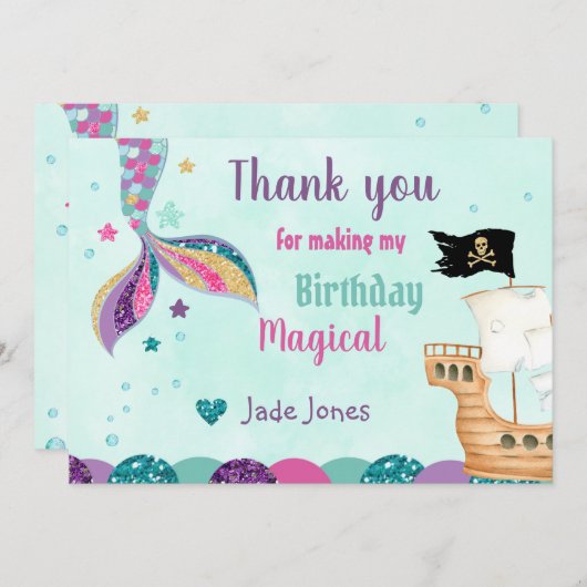 Zeemeermin Dank u Kaarten, Zeemeermin Verjaardagsk Kaart (Voorkant / Achterkant)