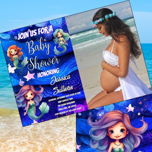 Zeemeermin Deep Blue Paarse Zee Foto Baby shower Kaart