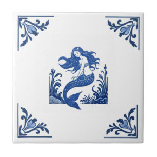 Zeemeermin Delfts Blauw en Witte Bloemen Hoeken Tegeltje