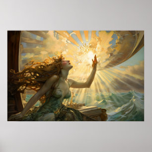 Zeemeermin die het zonne-poster viert poster