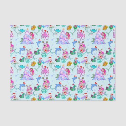 Zeemeermin die Kerstmis vieren met vrienden Tissuepapier (Voorkant)
