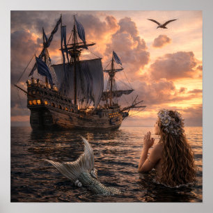 Zeemeermin Die Naar Een Zeilschip Kijkt Poster