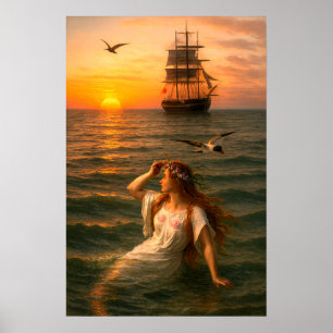 Zeemeermin die zeilschip bij zonsondergang bekijkt poster