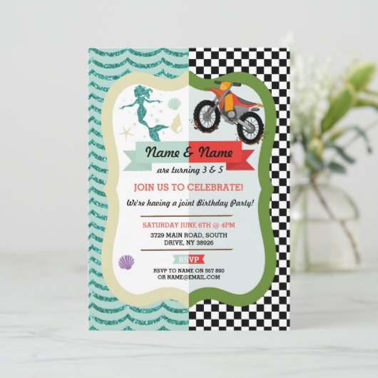 Zeemeermin & Dirt Bike Joint Boy Meisje Verjaardag Kaart (Staand voorkant)